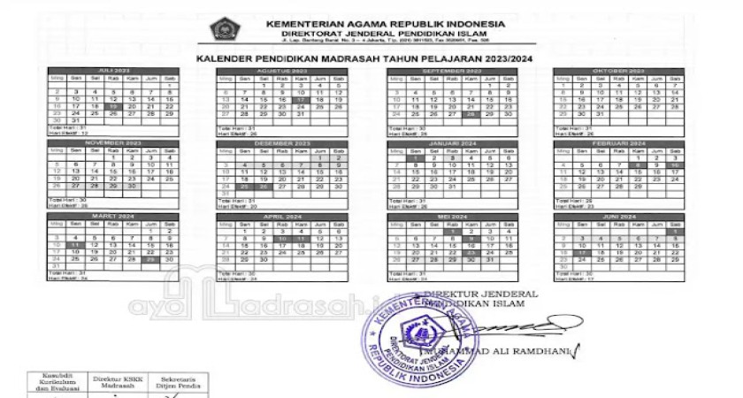 Kalender Pendidikan Madrasah 2023/2024 Dirjen Pendis (Excel dan Pdf)
